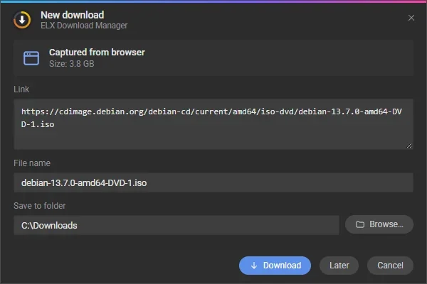 New download: a link caught from the browser, file name and folder