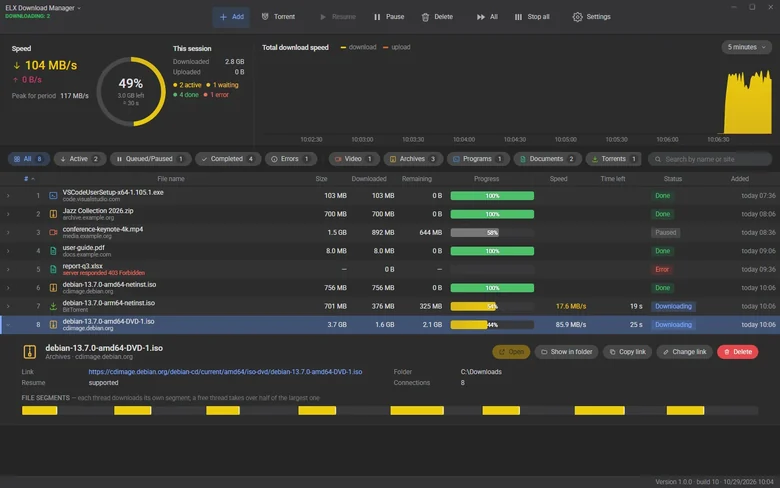 Details of a download: link, folder, connections and the segment bar of eight parts