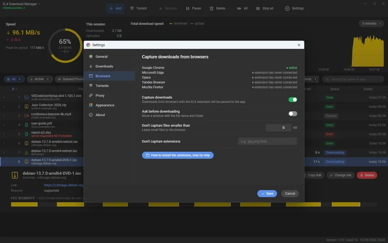 Settings: browser download capture and extension status