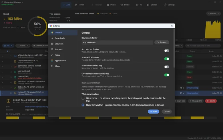 Settings: download window, tray, cancel and delete behaviour
