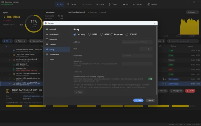 Settings: HTTP, HTTPS or SOCKS5 proxy and the torrent switch