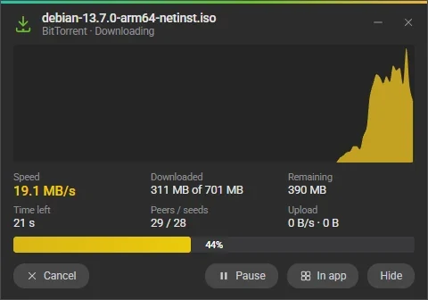 Torrent window: speed, peers and seeds, upload