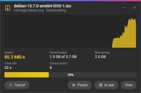 Download window: speed graph, downloaded and remaining, Pause and Cancel
