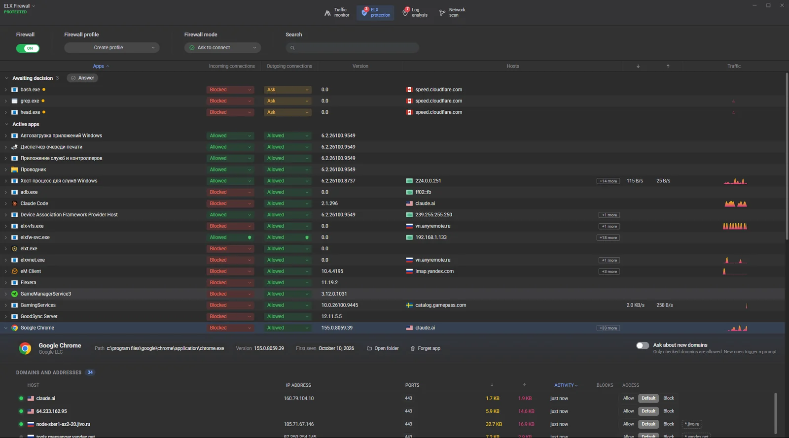 An expanded program: domains with ports, live connections and per-host decisions