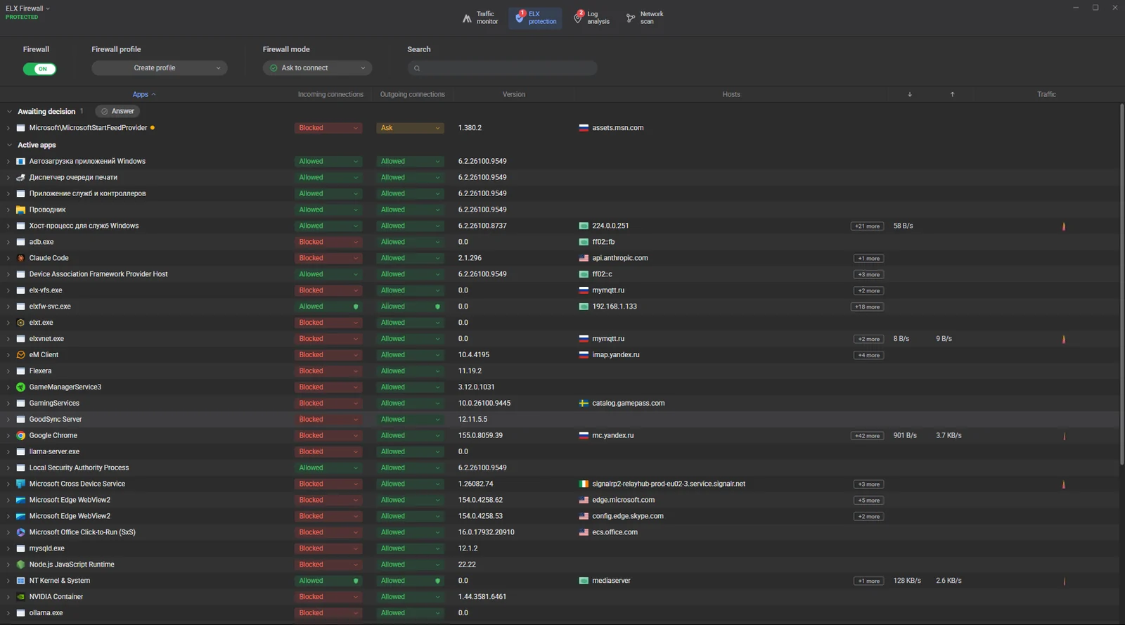Firewall: incoming and outgoing for every program, hosts and live traffic