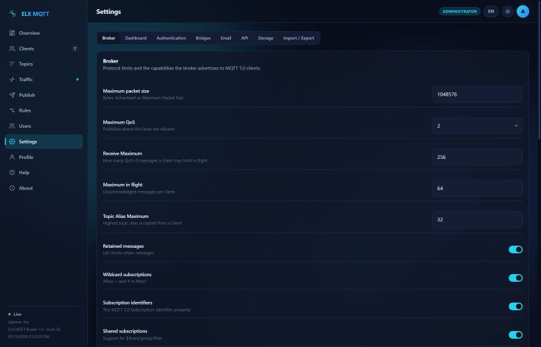 Broker settings: ports, TLS, limits and persistence