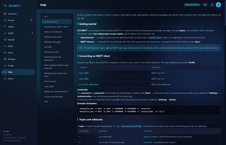 Built-in documentation, available offline inside the broker