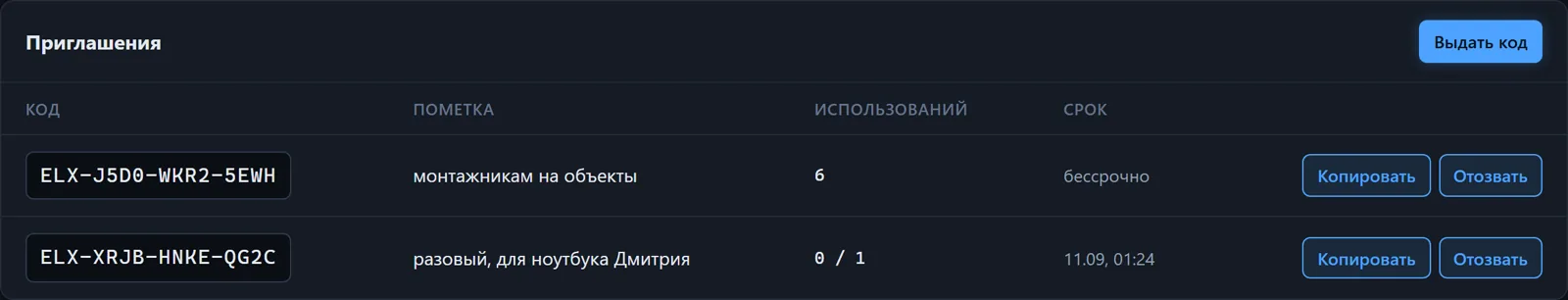 Коды приглашений и заявки на вход